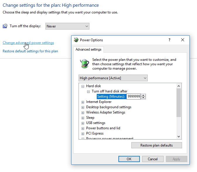 Windows 10 Power Settings: Never sleep